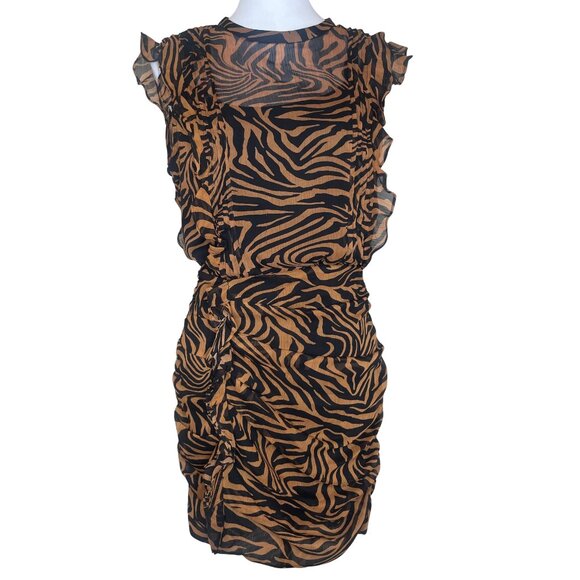Express Tiger Zebra Animal Print Chiffon Ruffle Cut Out Back Mini Dress Sz M - Picture 2 of 15